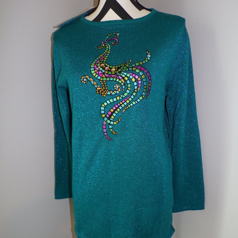 Bob Mackie Small 6/8 Teal Peacock Metallic Top - Picture 4 of 5